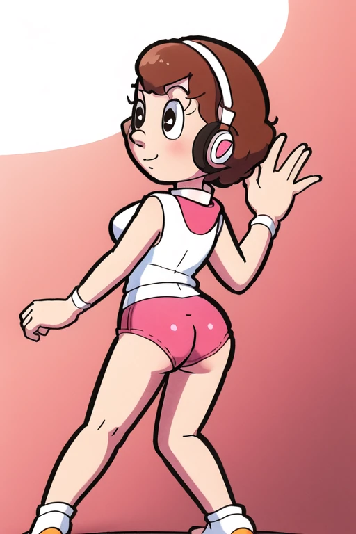 tpyumiko,, brown hair, Wearing Headphones, white background,  dancing, nervous smile, blush, pink leggings, white sweater, big butt, full body, bubble butt