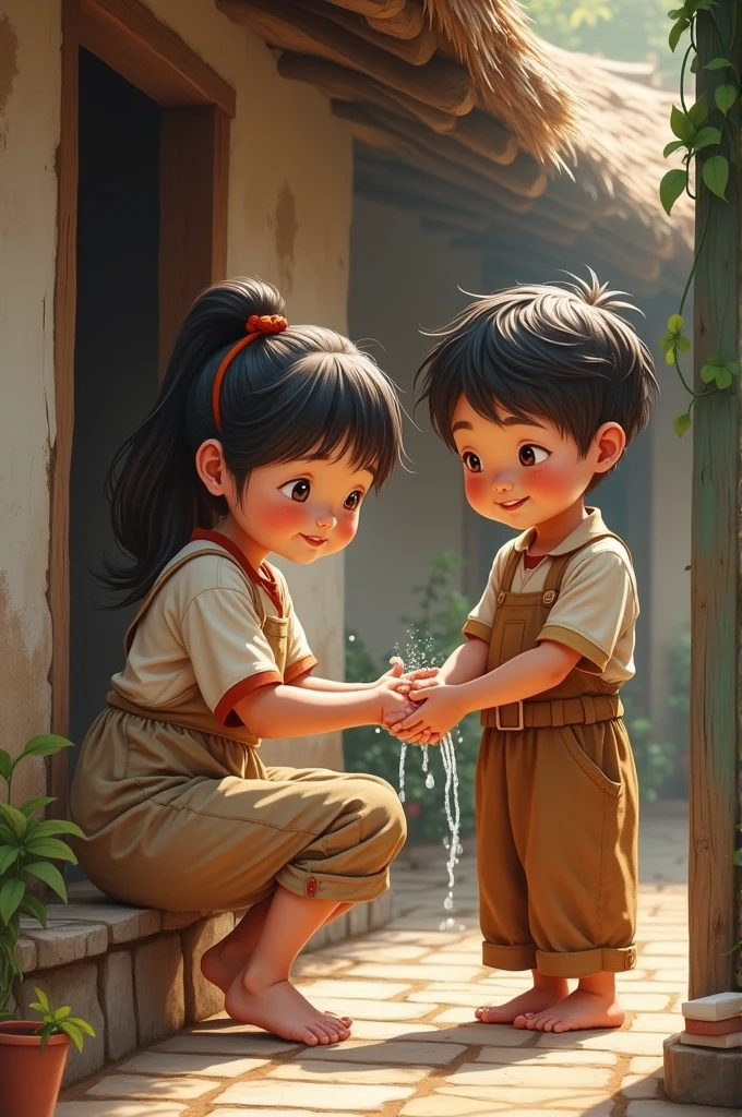 Two childs washing their hands with soap at their village house