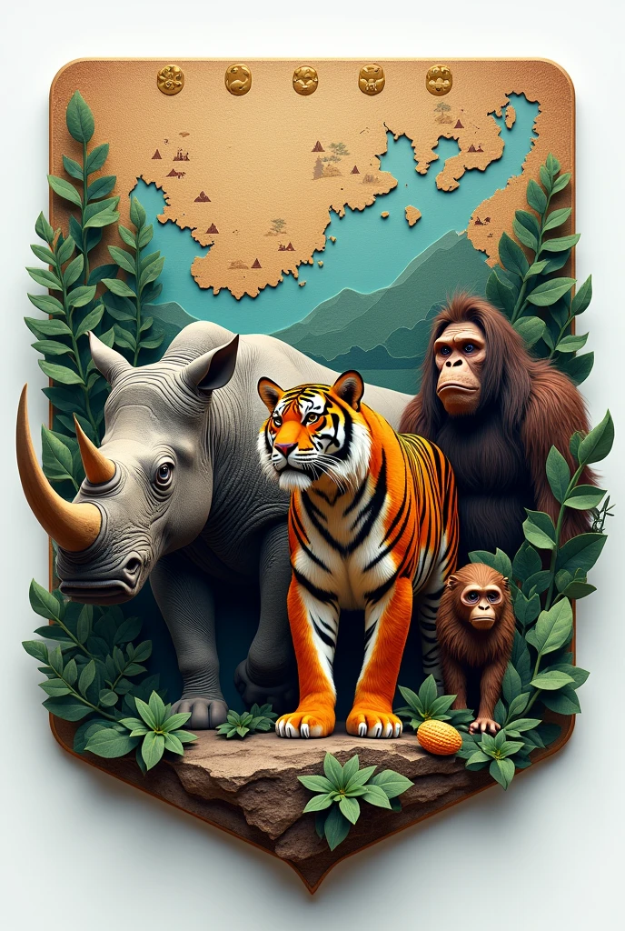 Tiger 3d emblem, two-horned rhinoceros, orangutan and elephant background map of aceh