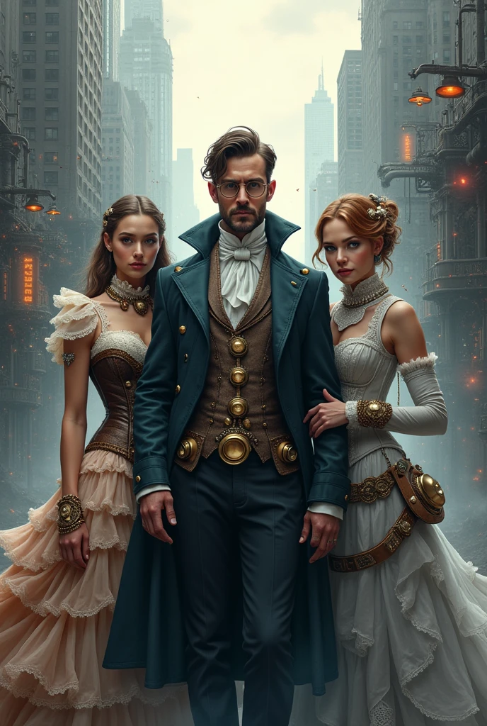 Book cover.
Titulo: Glitch In The Grey City Background Image.
Two women and a man in the middle Steampunk clothes