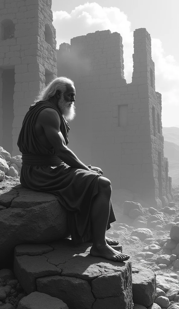 Image of ancient philosopher Diogenes sitting triumphantly on a rock and behind him are a castle's ruins. Make the theme black and white and make it vibrant and hyper realistic.