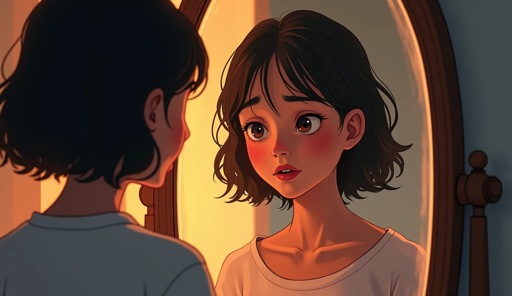 Background: Leena’s reflection in the mirror, now showing more than just her outward appearance. The background of the studio is faintly visible in the reflection, maintaining the cozy, warm ambiance, but the focus is on the emotional depth revealed in the mirror.

Style: Illustrative with heightened contrast and a touch of realism to emphasize the emotional depth of Leena’s reflection. Use a soft, warm glow around the mirror to draw attention to its significance in this moment of self-realization
Characters: Leena, reflected in the mirror, is seeing more than just her face. Her reflection shows tired eyes with dark circles, subtle stress lines, and a deep-seated sadness that has been overlooked. Her expression transitions from confusion to a profound, vulnerable realization. Mira’s reflection stands beside her, watching Leena with a soft, empathetic gaze, offering silent reassurance