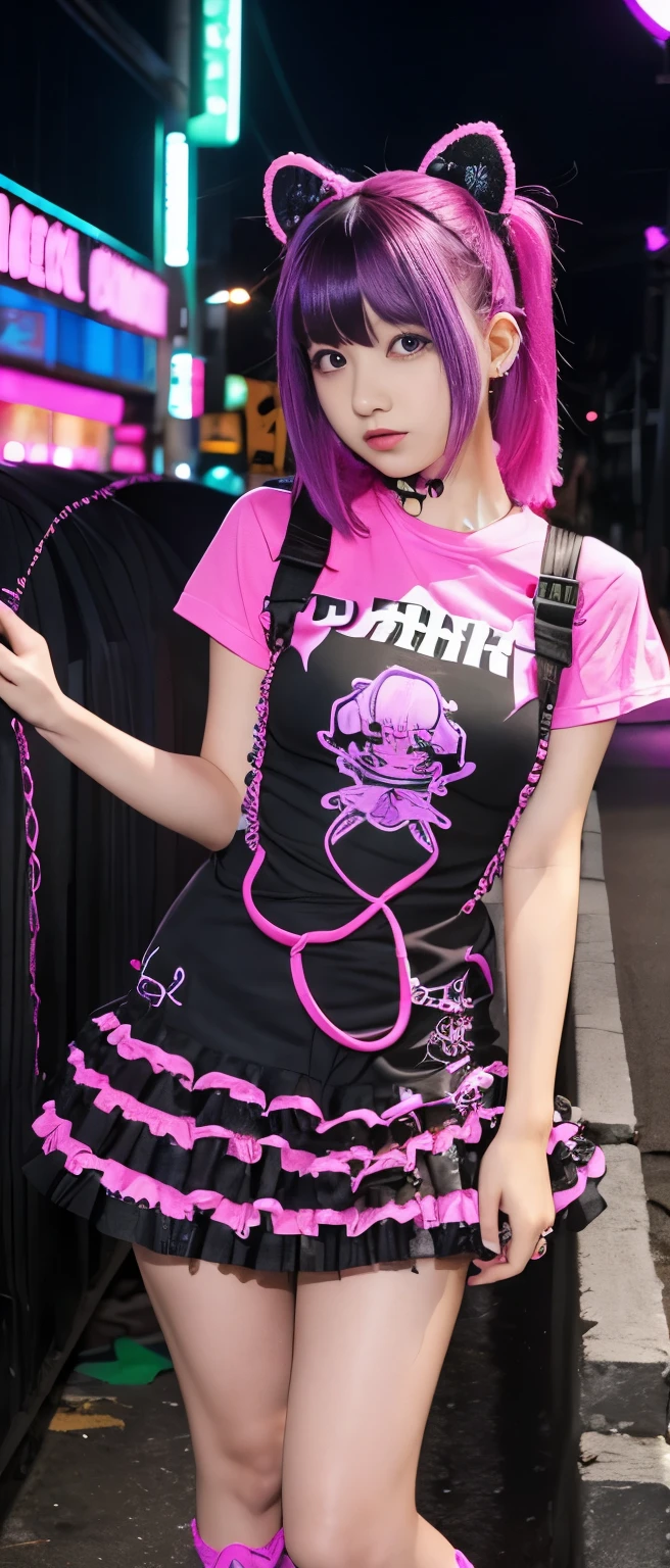 Cool punk idol girl、whole body、Good style、、、、、、、、、、Thick legs、、、Fluorescent pink and purple nightmare dress(Punk Shirt)、Cool girl face、、、、Glowing Cable Tentacle、Garbage dump