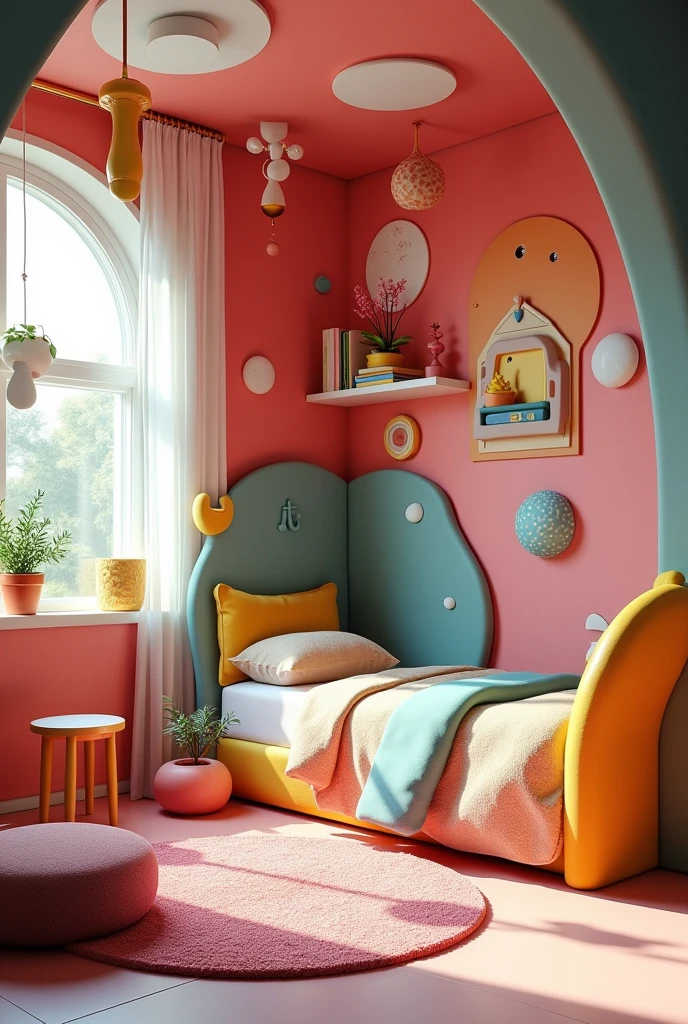 Home design, Kids Room, Interior Design in the style of a geometric, polymorph, Cutest vibe, colorful, magical, whimsical, surreal, fantasy, detailed, complex, polished, 8k, Octane Render, Unreal Engine, Realistic, Abstract