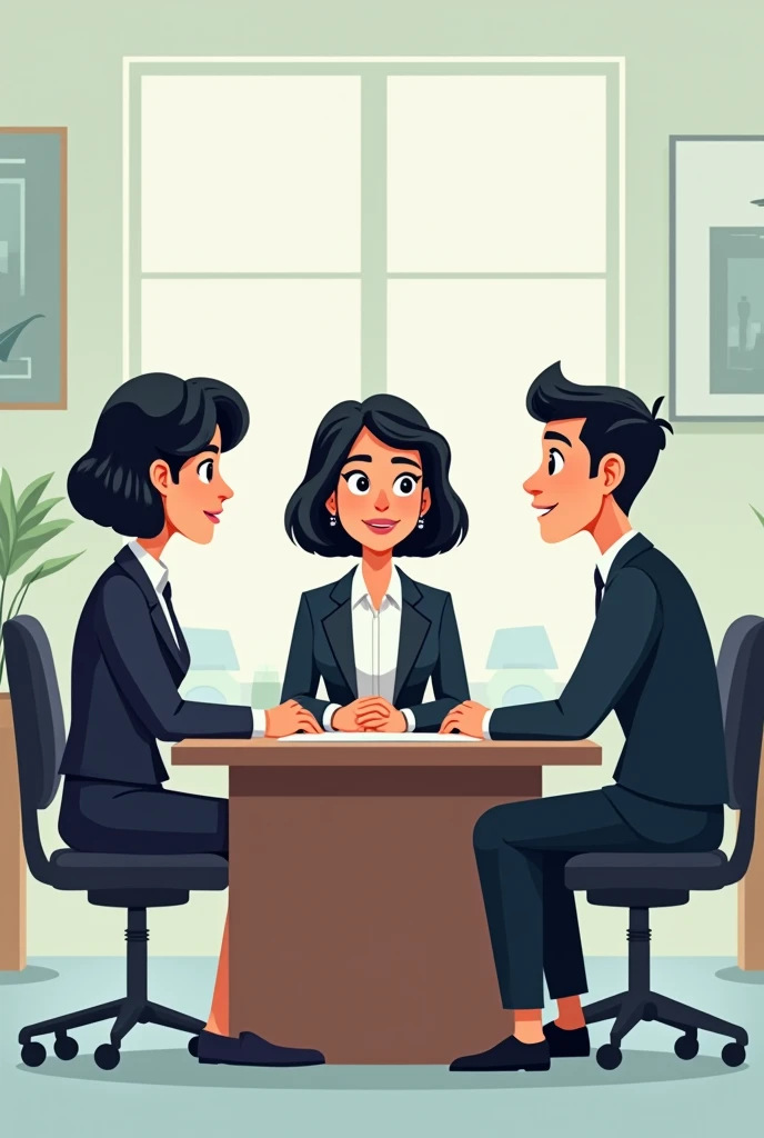 A woman interviewing 2 candidate; a men and a woman (Cartoon black hair)
