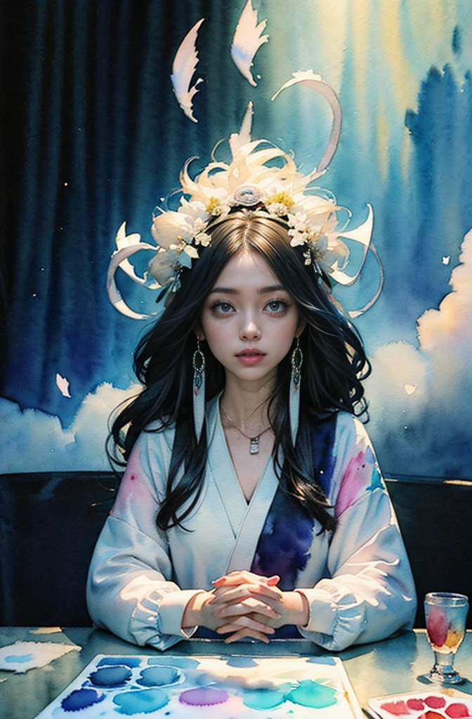 (Tabletop, Highest qualityの, Highest quality, Official Art, (beautifully、aesthetic:1.4), (Watercolor:1.4) ), (Izanami 1.5), 日本のgod話の女god, Majestic beauty, 創造の女god、生命の女god、Typically、((((Typically))))、Reincarnation Support, god'Grace, Gentle and meditative expressions, Flowing, celestial garments, Shine、Created all the landscapes and worlds on Earth, A dazzling dance of light, Whispers of Ancient Legends,