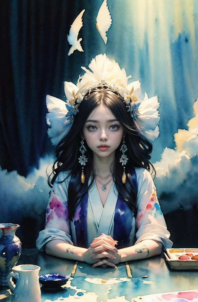 (Tabletop, Highest qualityの, Highest quality, Official Art, (beautifully、aesthetic:1.4), (Watercolor:1.4) ), (Izanami 1.5), 日本のgod話の女god, Majestic beauty, 創造の女god、生命の女god、Typically、((((Typically))))、Reincarnation Support, god'Grace, Gentle and meditative expressions, Flowing, celestial garments, Shine、Created all the landscapes and worlds on Earth, A dazzling dance of light, Whispers of Ancient Legends,