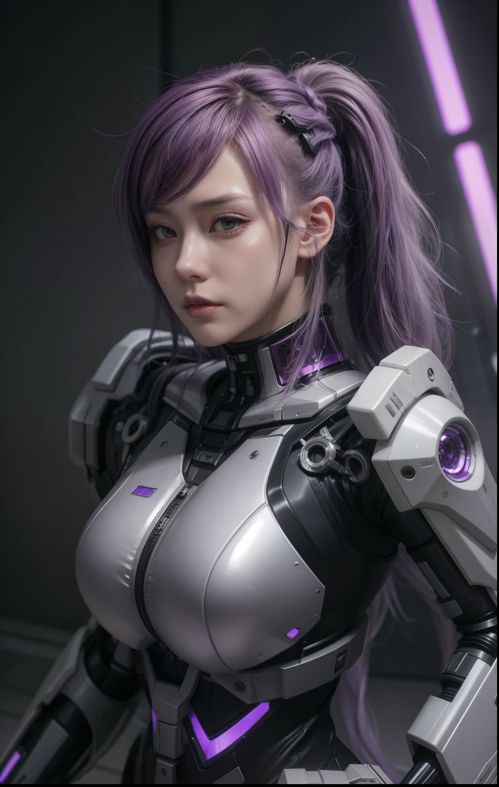 A close-up of a woman in a futuristic suit with purple hair, female cyberpunk anime girl, girl with mecha cybernetic armor, linda chica cyborg, cyberpunk anime girl mech, 3D 8k rendering character art, cyberpunk anime girl, cyberpunk anime digital art, perfect anime cyborg woman, ross tran 8k, cyber suit, cyber suit, anime ciberpunk