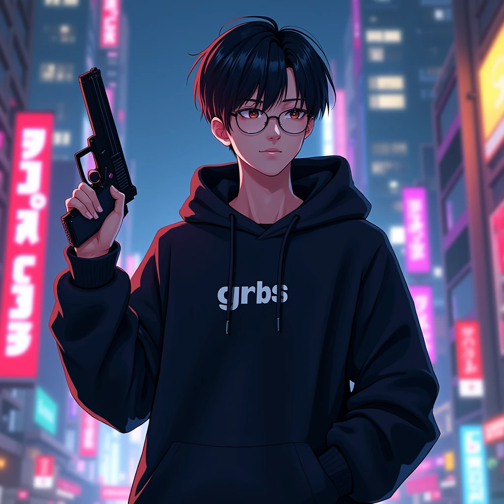 Create a character anime, {{background: large text “GLBK”, night city}},
realistic, HDR, use glasses, handsome, korean style, full body, use pistol, age 20, hoodie HD text: “PRAS”