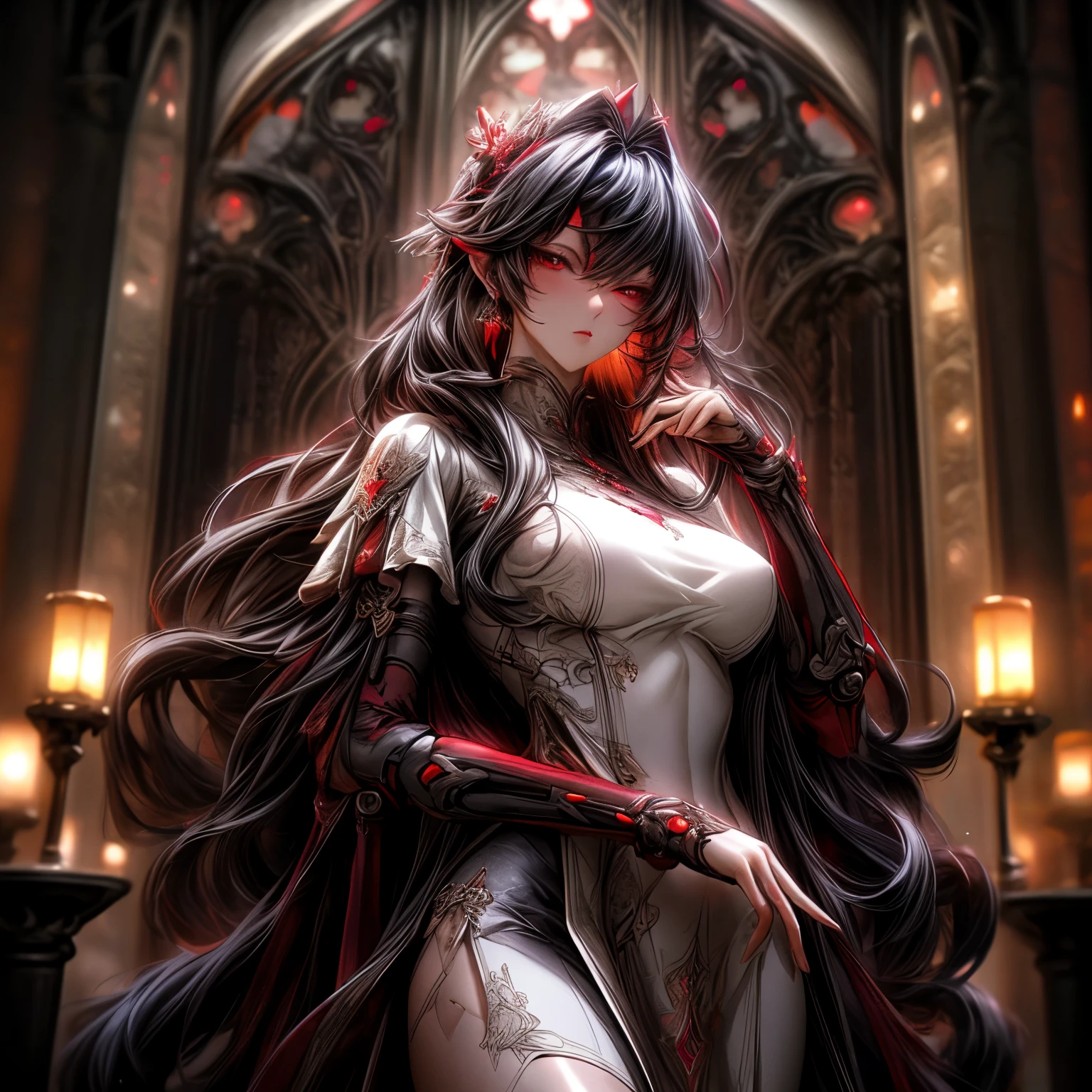 (best quality)), ((Masterpiece)), (details:1.4), 3d, HDR (high dynamic range), an image of a beautiful cyberpunk female, Cyberpunk, Fantasy, Ruby hair, Long hair, Beautiful Red eyes, จมูกโด่ง, ปากแดง, หน้าอกใหญ่, nvidia RTX, PBR surface, After processing, Anisotropic filtration,depth of field, Maximum clarity and clarity, multi-layered surface, Subsurface scattering, perfect proportions, 8K raw files, ultra detailed, Perfect proportions, volumetric lighting, soft lighting, Holy Paladin, Heavy Red Armor, Black dress, glossy skin, intricate Silver embroidery, Tower background, jewely, ต่างหู, นิ้วมือสมบูรณ์,