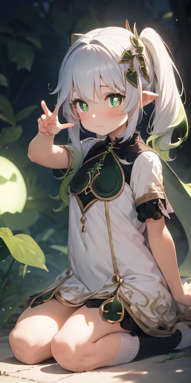 solo, 1girl, masterpiece, HD, 4K, best quality, beautiful front view, beautiful lights and shadows from bottom, realistic filmed photo, photography, particle, cute, healthy, dress, depth of field, nahida \(genshin impact\), (plump thighs:0.8), , full body, nahida_genshin, cross-shaped pupils, default_dress, green cape, looking ahead, white hair, red face, embarrassed, twintails, long-hair, (wariza), (cat-like gesture:1.2), sitting, aura, firefly,