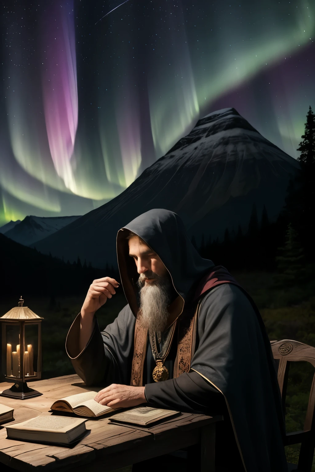 A wizard sitting on a table with his cloak over his head and good manly hands with an ancient book in front and in the background there is a dark forrest with mountains in distance and northern lights in the sky with stars and clear sky.