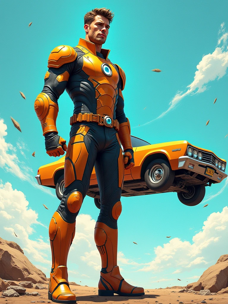 A hero in a uniform that allows them to manipulate the density of objects toys, depicted in the style of Brock Hofer. The hero stands tall, with a determined look on their face, as they use their powers to lift a car off the ground with ease. The background is a bright, sunny day with a few clouds in the sky. More detail, enhanced, poakl.