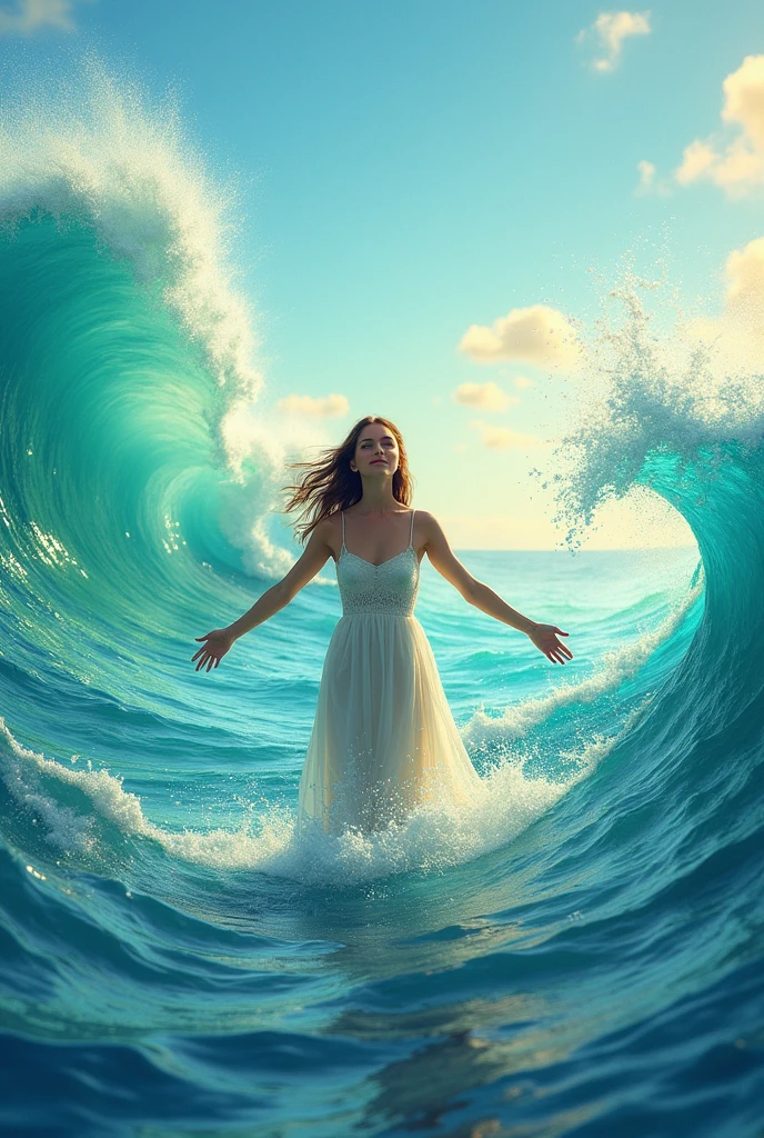 A big ocean with flowing colourful waves where a 20 years girl standing there with open arms and feeling calm and relax