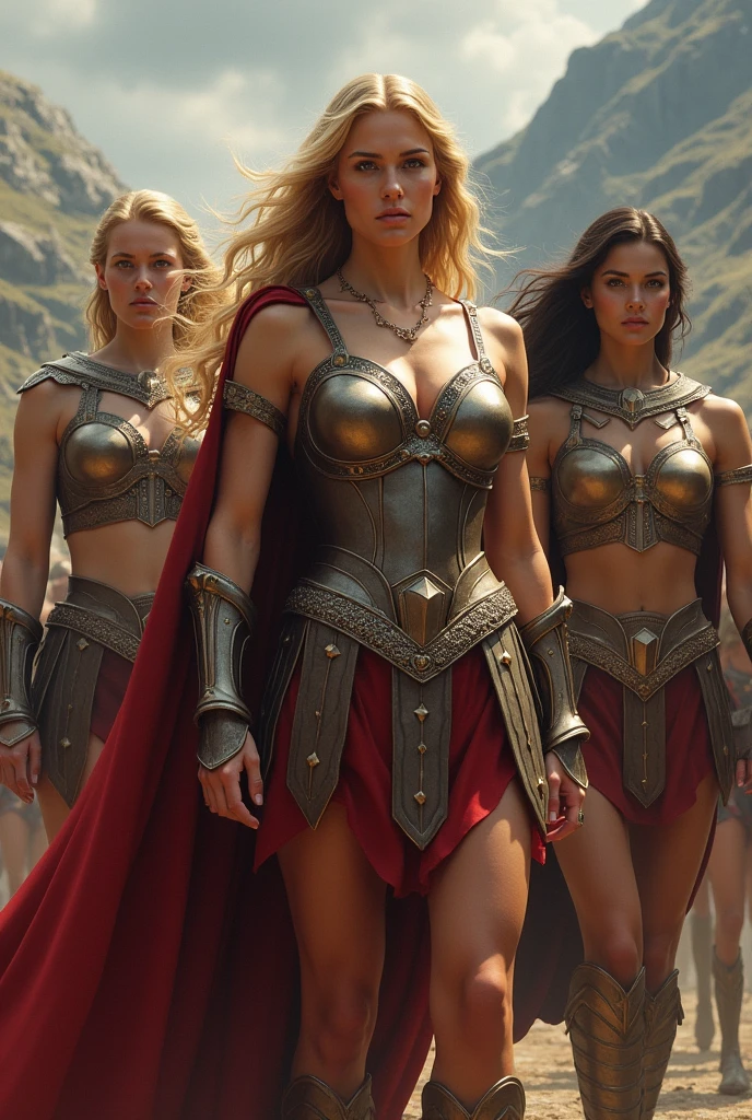 Photo realistic Beautiful girls blonde and brunette Amazons,in the background there is a female cavalry army