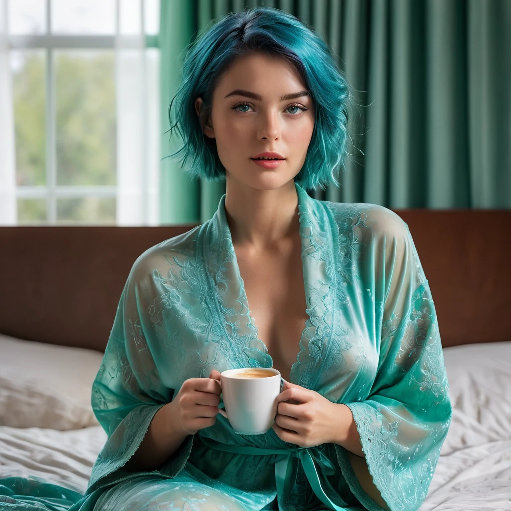 Woman, 20 Years Old, Nordic Ethnicity, short blue hair, perfect face, light freckles, Blue-Green Eyes, ((sitting up in a luxurious bed with silky sheets)), (wearing an elegant, lacy robe). ((Holding a steaming cup of coffee close to her lips)), with a contented and slightly sensual expression. (((Soft morning light filters through sheer curtains))), (plush velvet headboard, a few scattered pillows), (cozy and intimate atmosphere). (((Color palette - turquoise, neon green, yellow shades))), (best quality, 8k, masterpiece, ultra-detailed, photorealistic, studio lighting, sharp focus).