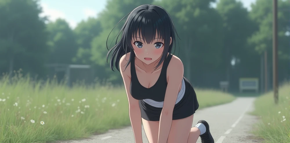 Realistic glowing skin, (発Sweat:1.8),(On all fours:2),Look back at your face,Always look at the camera,(発Sweat:1.8),(Beautiful nipples in real life:1.6),,(whole body:1.9),(発Sweatしたリアルな白い肌:1.9),White socks, (black running shoes:1.8),
,Cold look,Cold Stare,Black Hair,short hair,(Tie your hair short:1.8),Silky translucent white skin,,(Very detailed美しい顔), Great face and eyes, (Highest quality:1.4), (Very detailedな), (Very detailed CG 統合 8k 壁紙), Very detailed, High resolution raw color photos, Professional photography, Realistic portrait,Sweat,,(A Cup:1.9),(Flat Chest:1.9),(Very small breasts:1.9),(Breast augmentation:0.1),(Small breasts beginning to swell:1.9),(Breasts during puberty:1.9),
, (少女のwhole bodyの詳細なRAW写真), Canon EOS R5 250mm, Sharp focus, Cinema Lighting,  (No makeup:1.2), Fine skin, Delicate collarbone,,(Ultra-high resolution:1.6), (Realistic:1.6),,(Japanese junior high school girls:1.9),(whole body:1.8),(Sweatが滴る肌:1.9),(The lower half of the body is a black athletics uniform:1.9),(Sweatで滲んだ肌:1.9),(Age is :1.9),(The upper body is a white athletics uniform:1.9),Height is 155cm,Non-erect, thin nipples,very small nipples,Natural nipples,Real girl nipples,Not disgusting nipples,(Outdoor:1.8),Sweat,(Sweatばんだ肌:1.9),(Clothing: Minimal:1.8),(Put your hands on the ground:1.8),(Stick your butt out:1.8),
