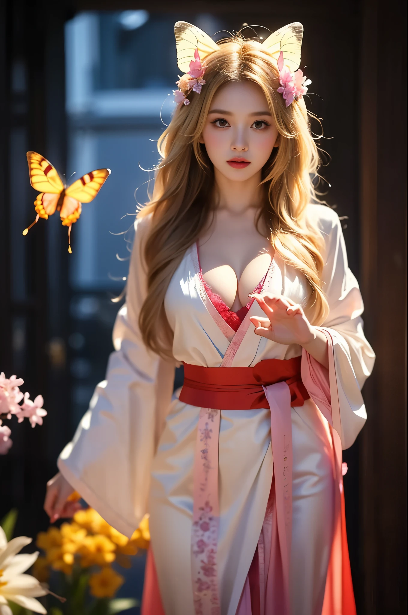 1girl
ahoge,era droop,blonde hair,long hair, Pink Hanfu, Beautiful dance pose, She gently lifted her skirt with one hand,头发周围有白色的Butterfly兰,Lilac dendrobium、White Lily, Long legs , Deep in Wonderland, ((Flowing long hair))Official Art , Unity8k Wallpaper , Extremely detailed , Visible cleavage, Pretty and beautiful , 性感Long legs, masterpiece , best quality ,Practical, Very detailed illustrations ,Extremely detailed , Intricate details , Extremely complex and detailed , Very detailed 8KCG wallpaper , Caustics .reflection , Ray Tracing , Devil theme ,nebula ,Dark aura, Network Effects , (1 girl)solitary , 小蓝Butterfly , (Blue plasma flame , (insect , Butterfly)) Pastel tones in Rococo style ,Light white and light dark red , Incredibly beautiful , Cherry blossoms , Surrealism ,painting , Ethereal , Mixing reality and fantasy elements ,Ray Tracing , Complex Mode , Exquisite lines , Perfect your hands, Starry Sky , Colorful , Star