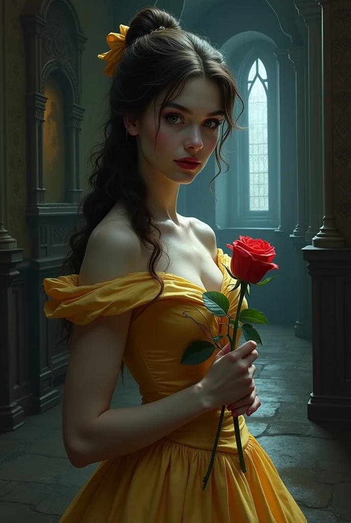 Portrait visage de Belle de la belle et la bête, avec une rose à la main dans un château sombre avec un air méchant en mode tueuse