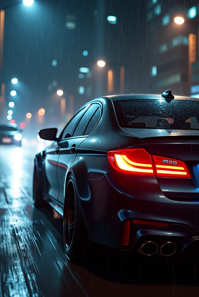 A BMW m5 car running at night raining and written Osaid Goraya on back mirror and in background there are buldings make tis shot from right side