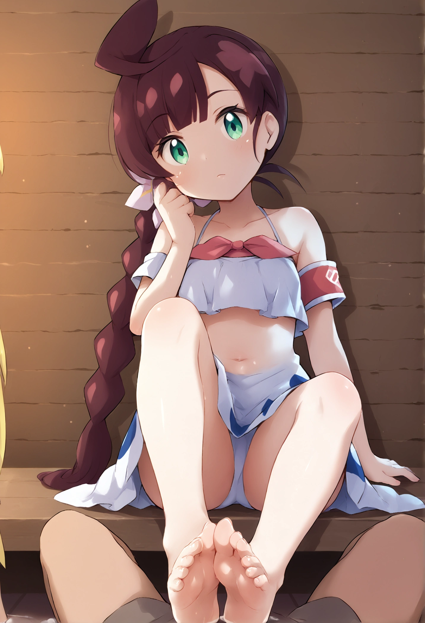A girl with hair sitting on a wooden bench on a beach and a boy lying on the ground next to her.A photo with the name HIRU on the girl's dress and ADHI on the boy's armband.foot focus,barefoot