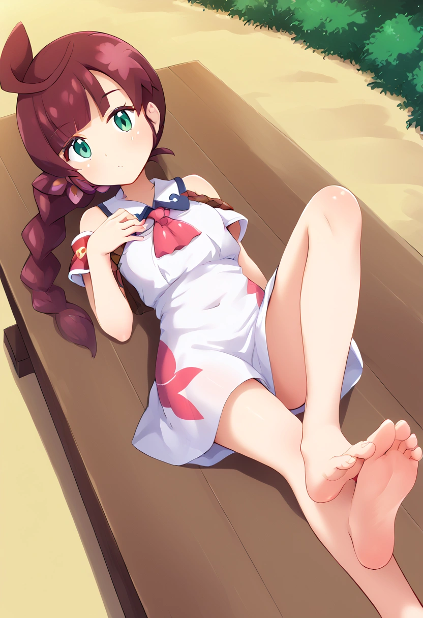 A girl with hair sitting on a wooden bench on a beach and a boy lying on the ground next to her.A photo with the name HIRU on the girl's dress and ADHI on the boy's armband.foot focus,barefoot