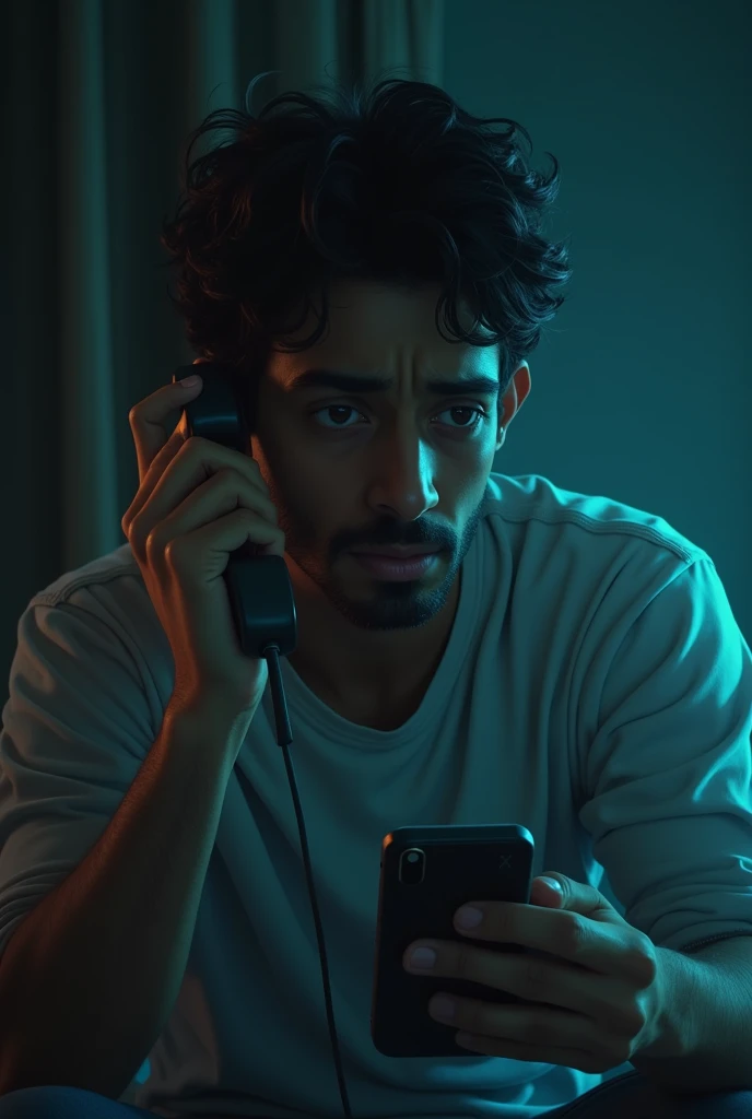 Rohan looking distressed as he hangs up the phone. The room is dim, and his face shows a mix of fear and confusion. The phone is being put down hastily