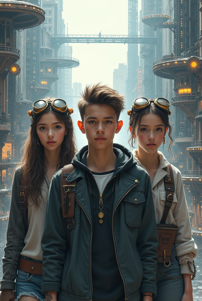 Book cover.
Titulo: Glitch In The Grey City Background Image.
Two women and a man in the middle Teen steampunk clothes