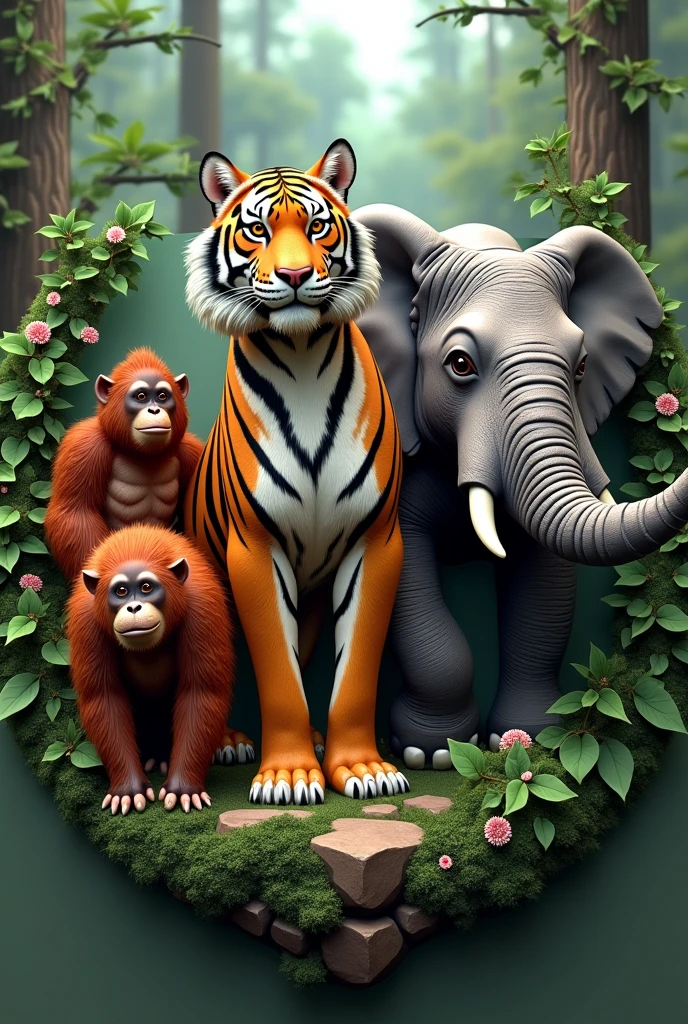 Tiger 3d emblem, two-horned rhinoceros, orangutan, elephant background animal friend