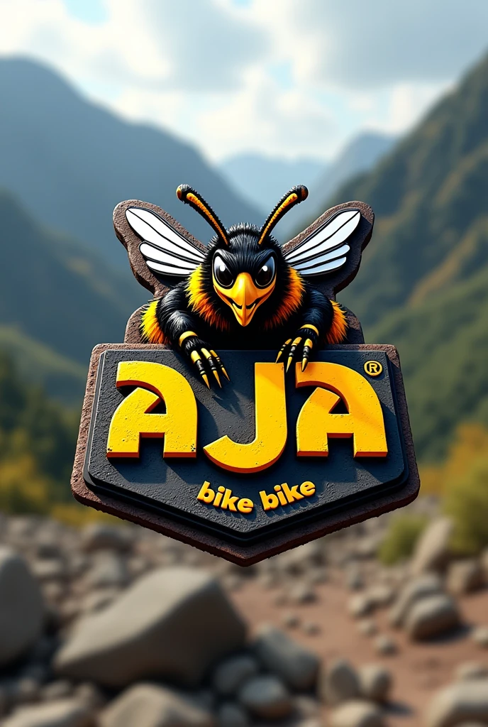 The 3D text logo says &quot;Bike Bike Aja&quot; at the bottom with a black and yellow bee mascot with a sharp sting, themed mountain bikes.