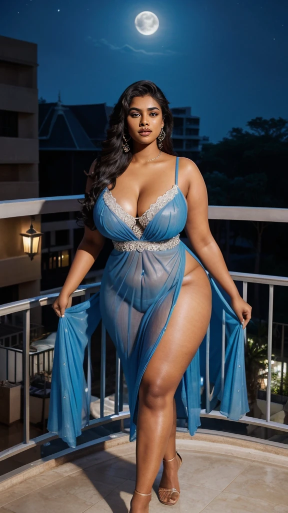 a South Indian woman in a transparent blue dress is walking in a balcony, alluring plus sized model, attractive feminine curves, jaw dropping beauty, giant stunning goddess shot, nightgown, sexy gown, jaw-dropping beauty, curvy, curvy model, moonlight night, plus size, moonlit night, in the moonlight, in night, at night with moon light, very curvy