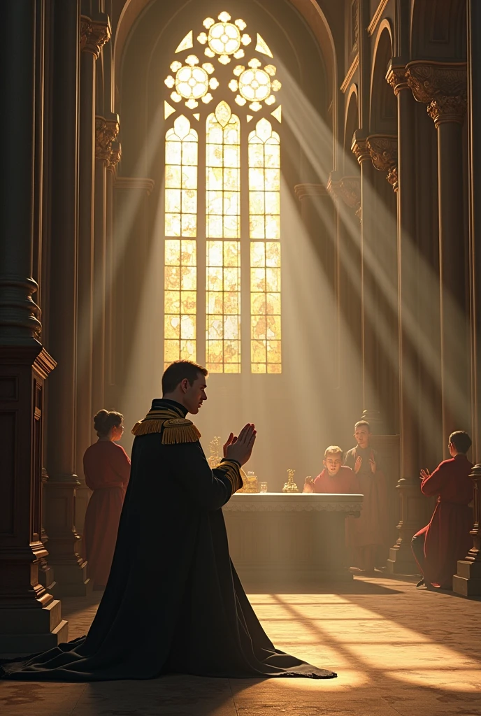 Emperor Napoleon prays in the cathedral in a very spiritual atmosphere