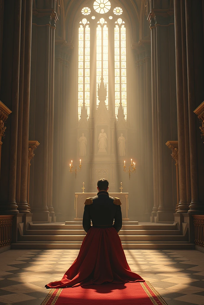 Emperor Napoleon prays in the cathedral in a very spiritual atmosphere