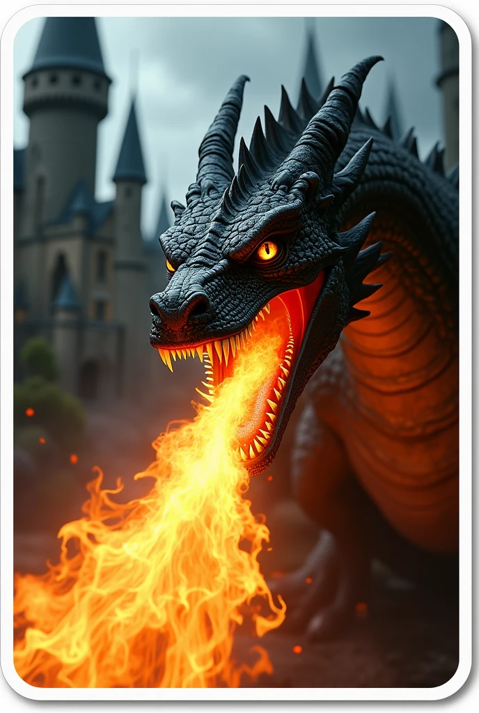 Create a white-bordered sticker of a scene from the movie Harry Potter a dragon breathing fire in Hogwarts castle in high resolution with a blurred background, cinema image, and hyper-realism with an emphasis on the eyes on the dragon