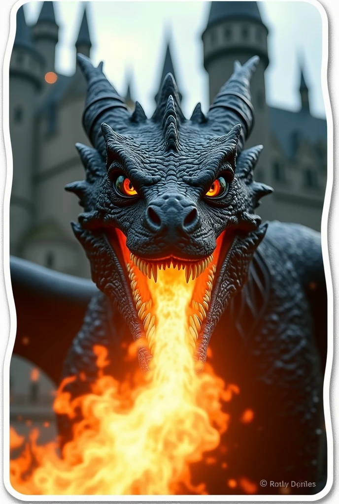 Create a white-bordered sticker of a scene from the movie Harry Potter a dragon breathing fire in Hogwarts castle in high resolution with a blurred background, cinema image, and hyper-realism with an emphasis on the eyes on the dragon