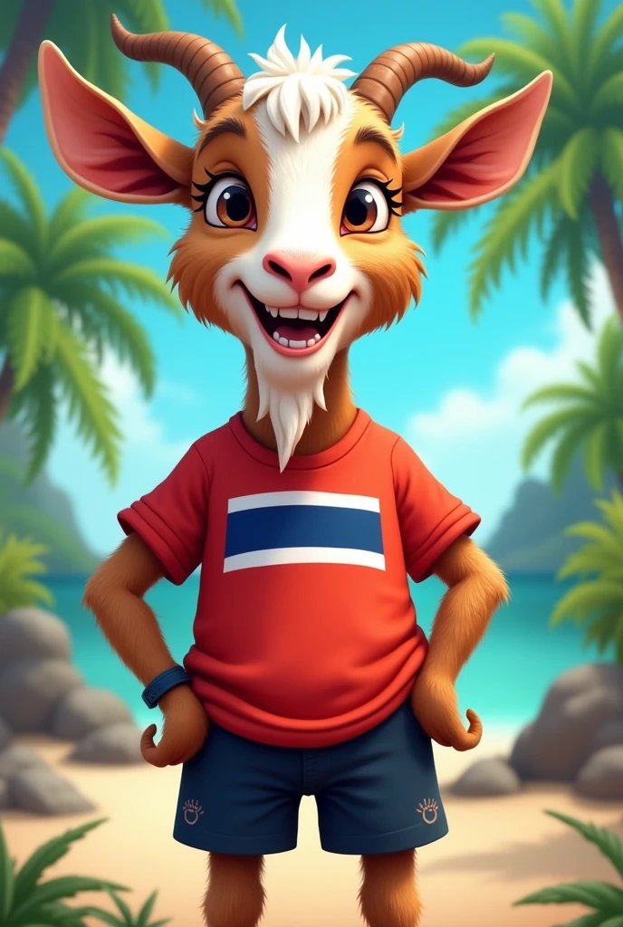 Create an image of a goat in black shorts and a Thailand shirt,make it in Cartoon style 