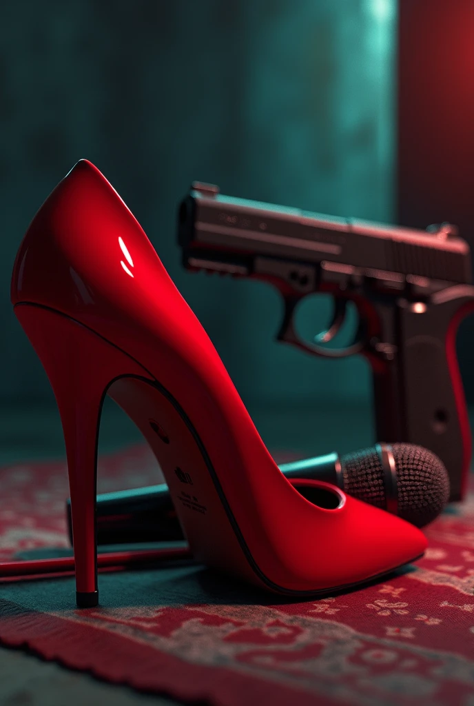 Sparkling red heel, microphone, gun