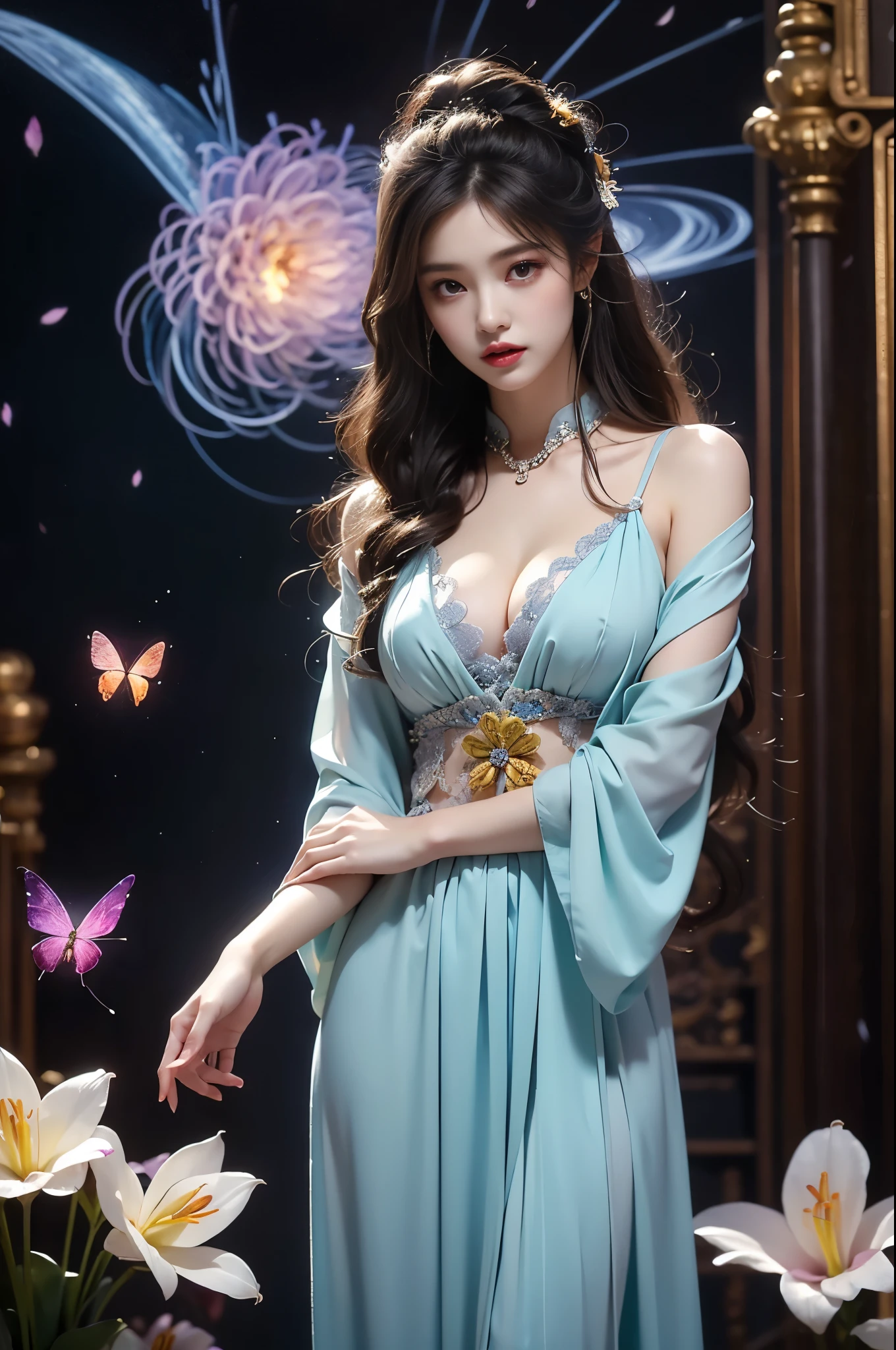 1girl,sliver hair,long hair, light purple hanfu,detached sleeves,(hair ornament:0.5),(cleavage:0.6), Beautiful dance pose, She gently lifted her skirt with one hand,头发周围有白色的Butterfly兰，Lilac dendrobium、White Lily, Long legs , Deep in Wonderland, ((Flowing long hair))Official Art , Unity8k Wallpaper , Extremely detailed , Visible cleavage, Pretty and beautiful , 性感Long legs, masterpiece , best quality ,Practical, Very detailed illustrations ,Extremely detailed , Intricate details , Extremely complex and detailed , Very detailed 8KCG wallpaper , Caustics .reflection , Ray Tracing , Devil theme ,nebula ,Dark aura, Network Effects , (1 girl)solitary , 小蓝Butterfly , (Blue plasma flame , (insect , Butterfly)) Pastel tones in Rococo style ,Light white and light dark red , Incredibly beautiful , Cherry blossoms , Surrealism ,painting , Ethereal , Mixing reality and fantasy elements ,Ray Tracing , Complex Mode , Exquisite lines , Perfect your hands, Starry Sky , Colorful , Star