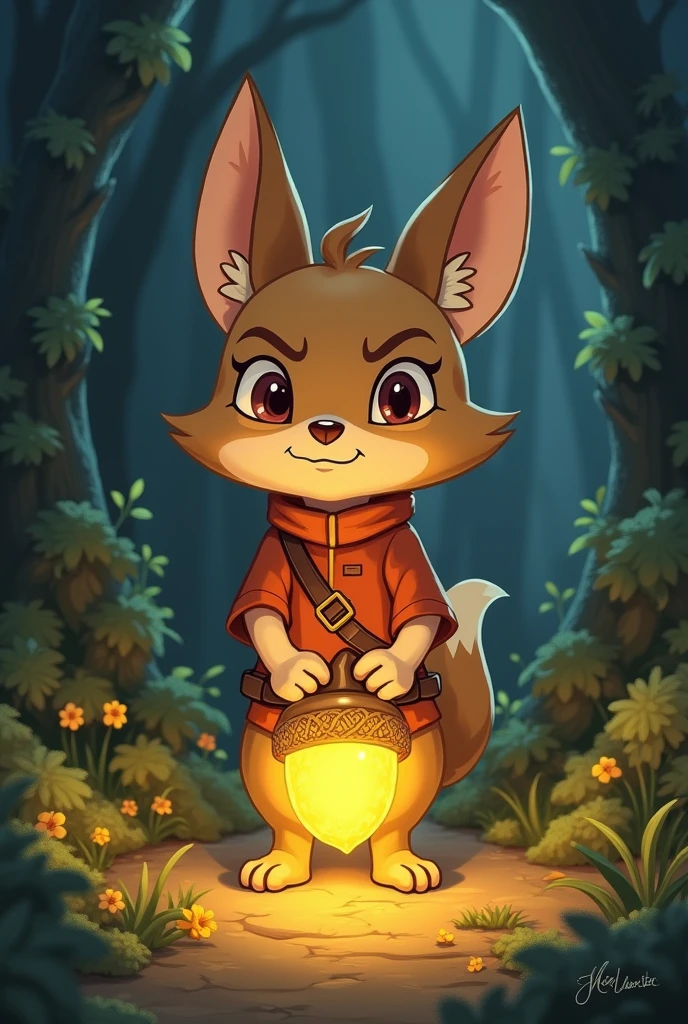 Gathering her courage, Margo decided to protect the golden acorn and uncover the mystery it held.
Illustrate Margo standing confidently next to the glowing acorn, her ears perked up and determination in her expression, ready to protect the magical treasure.( Addsame picture which you used previously