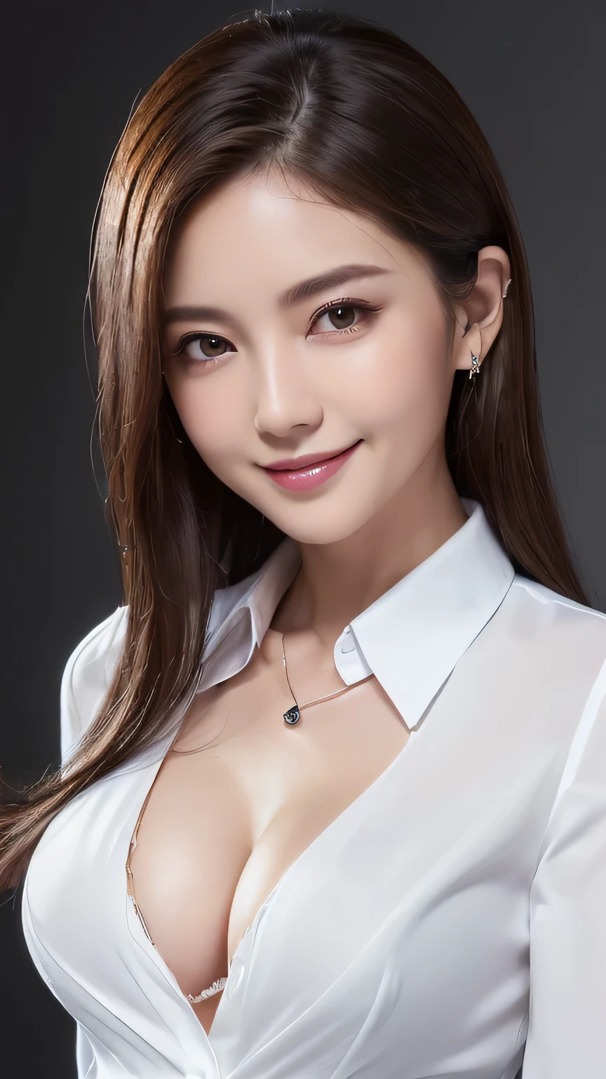 ((Highest quality, 8k, realistic photographic expression、delicate、detailed、Ultra-high resolution、masterpiece: 1.3))、（(Slender body:1.4)）、(((Mature beautiful middle-aged woman、4 Japanese matomically correct face、charisma)))、(Slim and toned waist:1.3),(((Very small breasts、Beautiful cleavage)))、((A lot of brown hair、Messy medium length hair))、((Low-rise pleated long skirt))、((White collared business shirt、A thin business shirt))、Natural Makeup、((smile:1.2))、Thin legs, Small face with pointed chin、Rough skin、Long droopy eyes、((Age Line、Wrinkles around the eyes:1.4))、necklace, (Professional cool lighting:1.3)、(Waist to head:1.2)、cool and simple dark wall background、