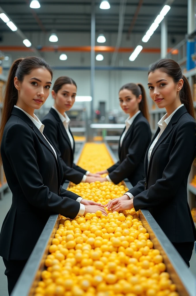 Four beautiful women in business suits stand sorting corn cobs on a conveyor belt.