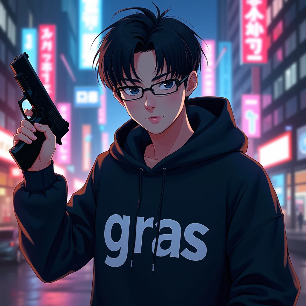 Create a character anime, {{background: text “GLBK”, night city}},
realistic, HDR, use glasses, handsome, korean style, full body, use pistol, age 20, hoodie HD text: “PRAS”