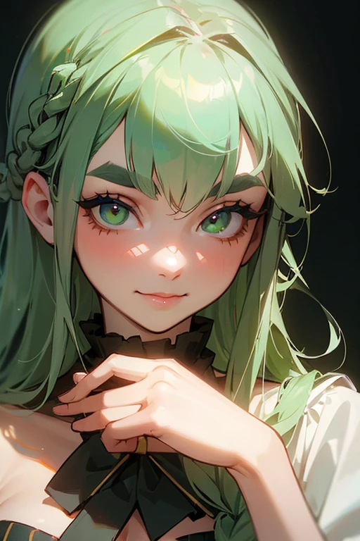(Highest quality, masterpiece:1.2), High resolution, Very detailed, Realistic:1.37, Fantasy, An illustration, Green Eyes、Queen, Platinum decoration、beautifully、Eyeshadow Red、Thick eyebrows、Long eyelashes、pupils are black、Her hair is light green、Embarrassing、people々々々々々々々Loved by、Shoulder Bare、Braiding、((Swimwear)).(Save face image),(smile)、((Eat sushi)).(eat sushi)).