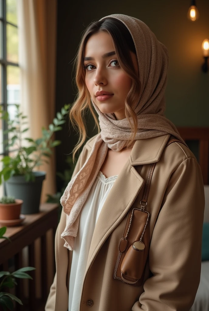 (photorealism:1.2),Ariana Grande, standing, wearing hijab, holding handbag, indoors, cozy room, relaxed pose, realistic, intricate details, warm colors