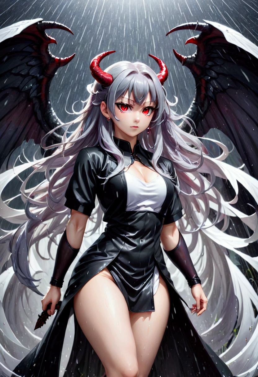 (8k, Highest quality, Manga style, View your viewers, Intricate details:1.3),(One person, Nakiri Ayame, ２Demon horns in the book, Multicolored Hair, Long Hair, Red eyes, Gray Hair), (Six alternating white angel wings and black devil wings:1.3), (Martial arts uniform, Sweating, Full body portrait, Being hit by rain, Soaking wet)