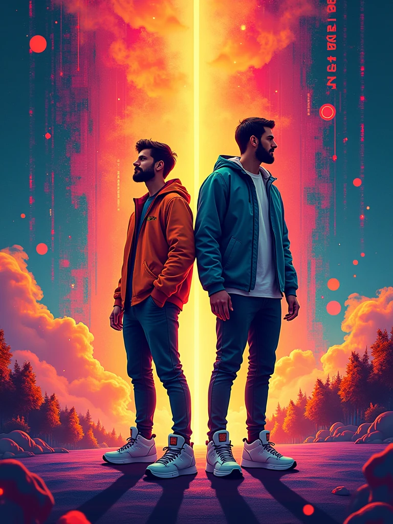 “ banner advertisement, dynamic abstract background with vibrant colors and shapes, two stylized characters representing a graphic designer and a music producer, surrounded by AI-generated graphic and musical elements like sound waves, digital brushstrokes, futuristic technology, text saying ‘

