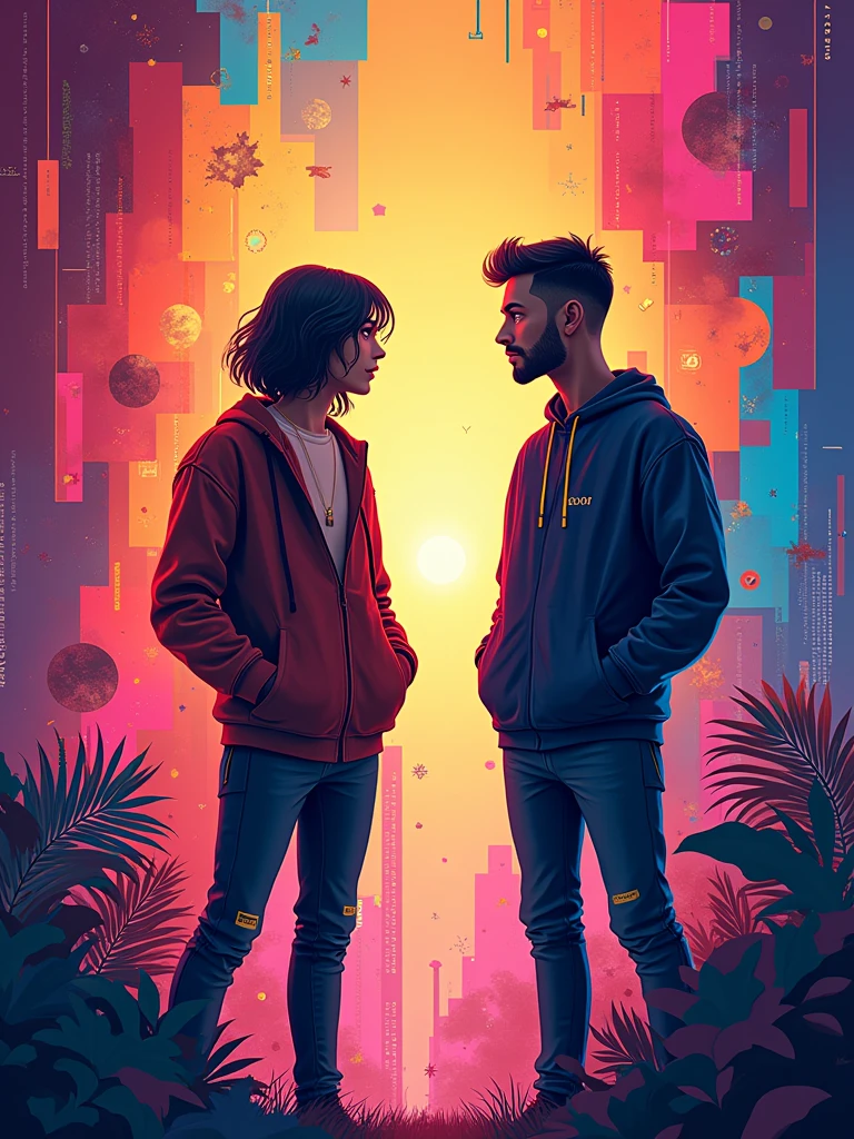 “ banner advertisement, dynamic abstract background with vibrant colors and shapes, two stylized characters representing a graphic designer and a music producer, surrounded by AI-generated graphic and musical elements like sound waves, digital brushstrokes, futuristic technology, text saying ‘