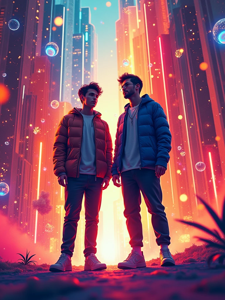 “ banner advertisement, dynamic abstract background with vibrant colors and shapes, two stylized characters representing a graphic designer and a music producer, surrounded by AI-generated graphic and musical elements like sound waves, digital brushstrokes, futuristic technology, text saying ‘