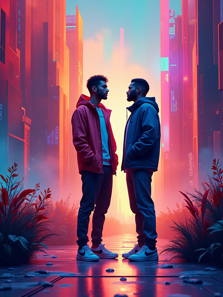 “ banner advertisement, dynamic abstract background with vibrant colors and shapes, two stylized characters representing a graphic designer and a music producer, surrounded by AI-generated graphic and musical elements like sound waves, digital brushstrokes, futuristic technology, text saying ‘