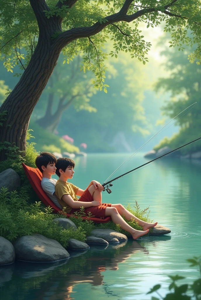 Two agers lying sleepy fishing, each one has a fishing rod, they are on the edge of a stream and are lying down. They are two boys about .